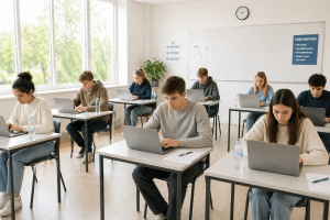 students doing exam on laptops