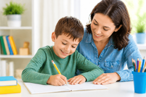 teacher teaching a dyslexic child