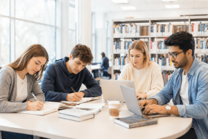university students using laptops and writing